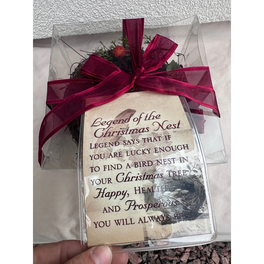 Legend of the Christmas Nest Bird Nest Ornament Gift Box Burgundy Ribbon Holiday